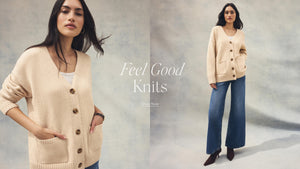  Woman wearing a beige cardigan with text 'Feel Good Knits' on a neutral background