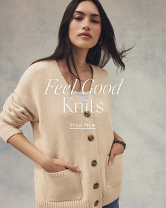  Woman wearing a beige cardigan with 'Feel Good Knits' text on a gray background
