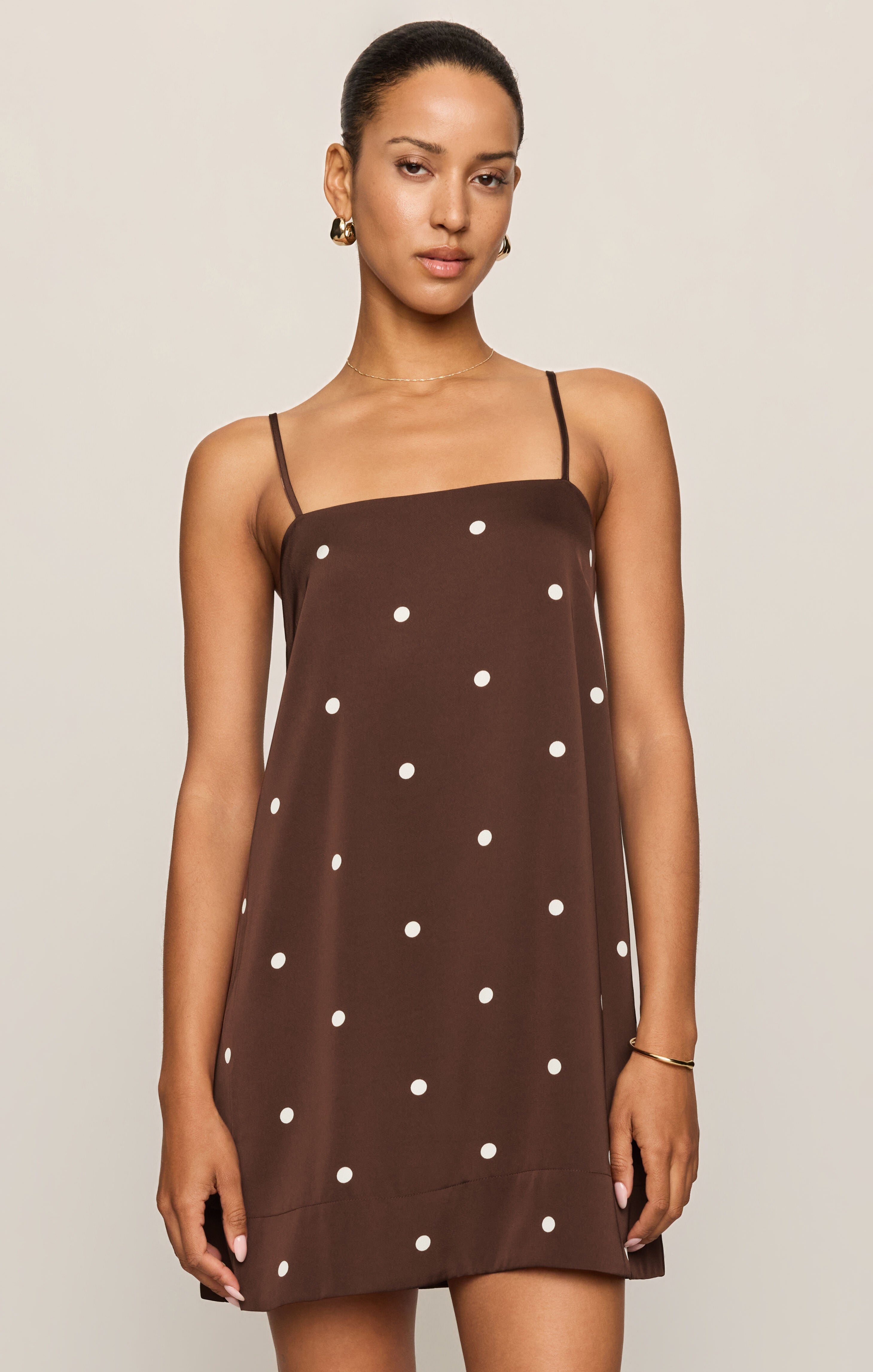brown dot dress Maude Satin Mini COLOR:Apricot With a playful babydoll Web Collection: Black Tie Petal & Pup Women's