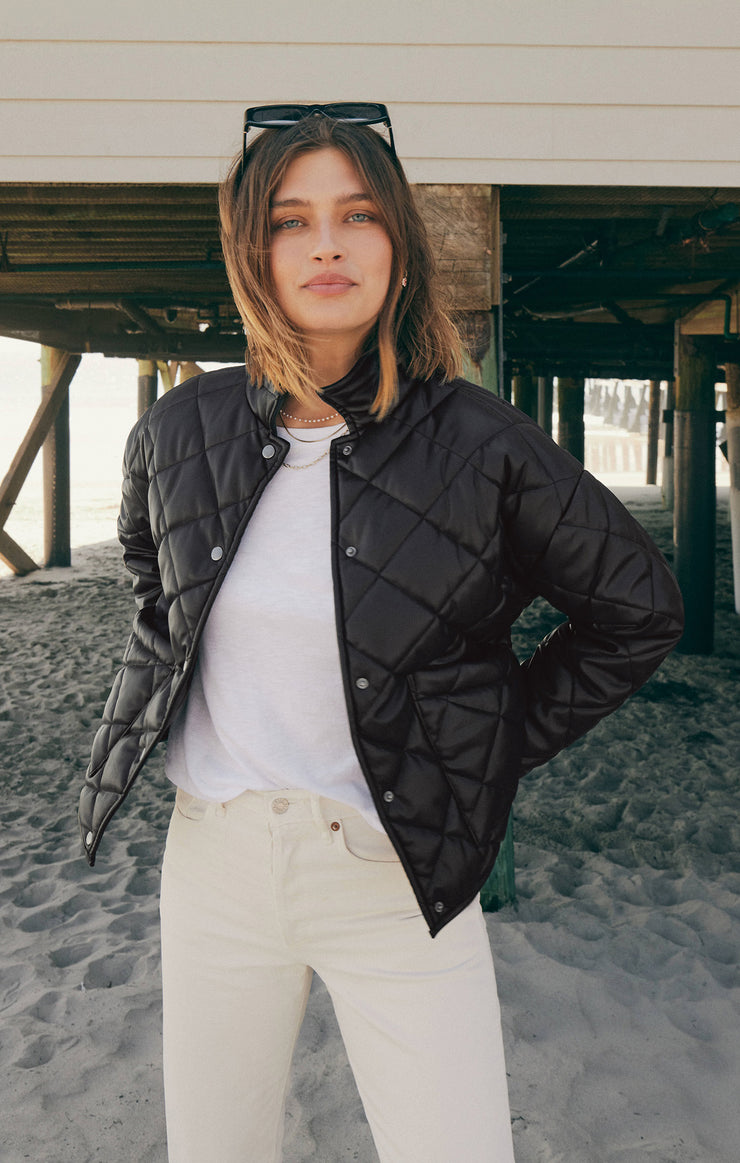 FAUX LEATHER PUFFER JACKET - Black