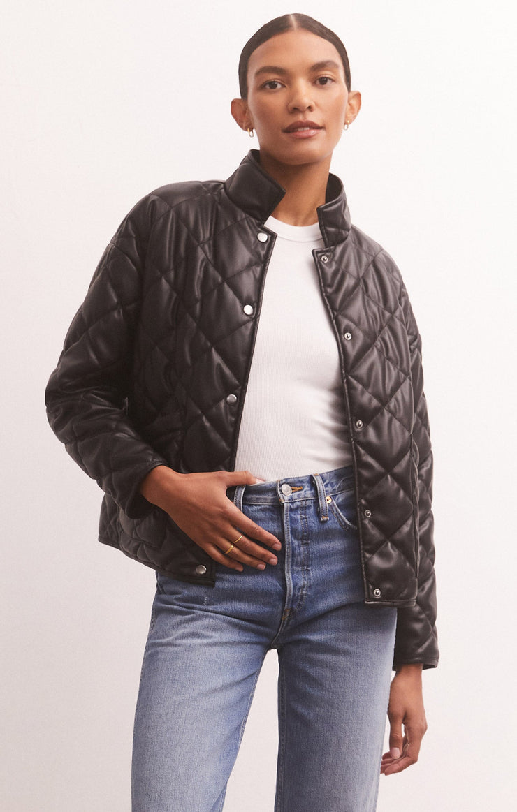 This Is It Faux Leather Bomber Jacket in Black Black / XL