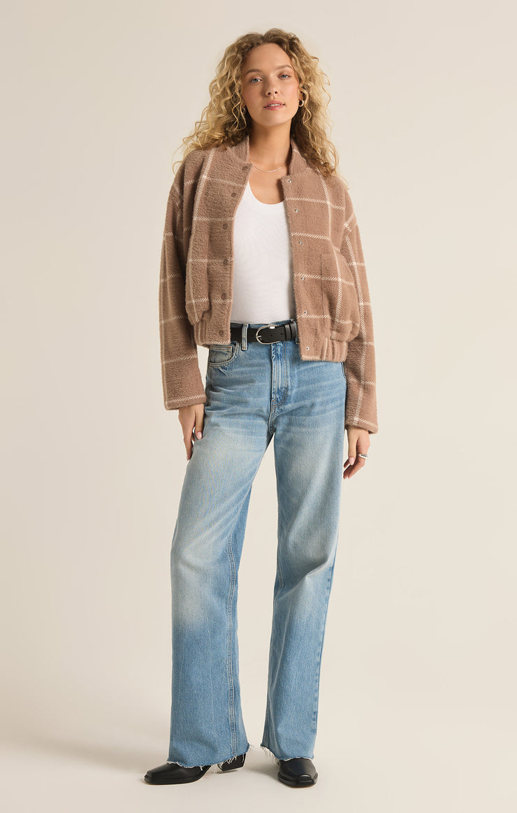 Jackets Lex Plaid Sweater Knit Bomber Jacket Heather Taupe