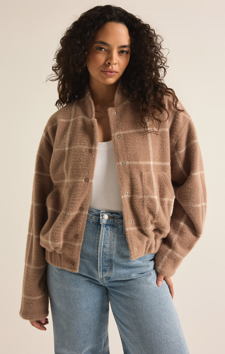 Jackets Lex Plaid Sweater Knit Bomber Jacket Heather Taupe