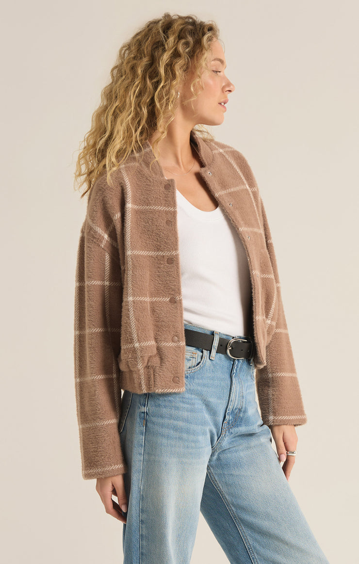 Jackets Lex Plaid Sweater Knit Bomber Jacket Heather Taupe