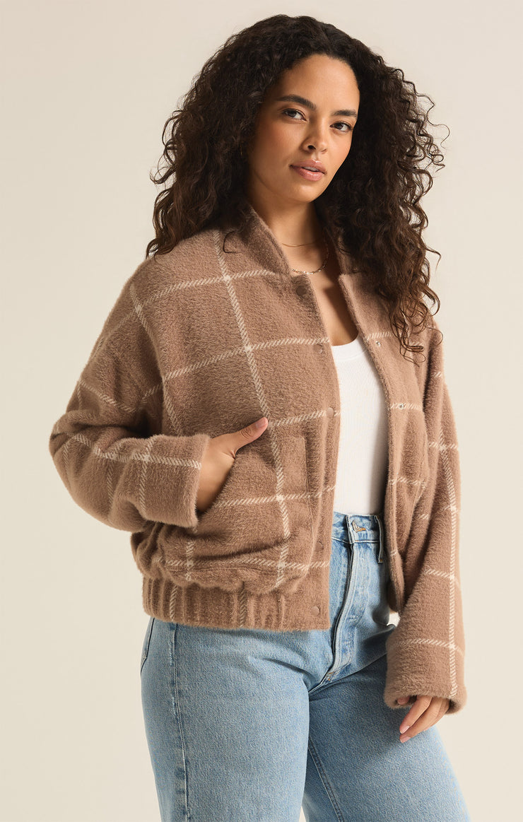 Jackets Lex Plaid Sweater Knit Bomber Jacket Heather Taupe