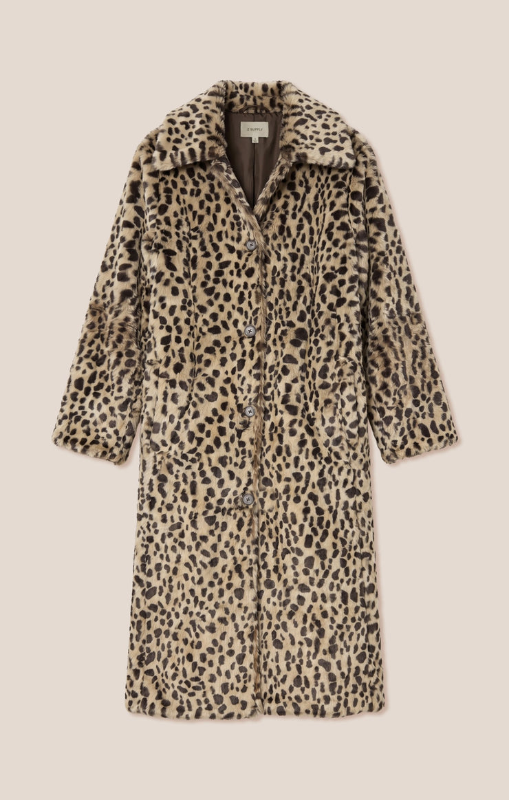 Coats Suki Leopard Faux Fur Belted Coat Natural