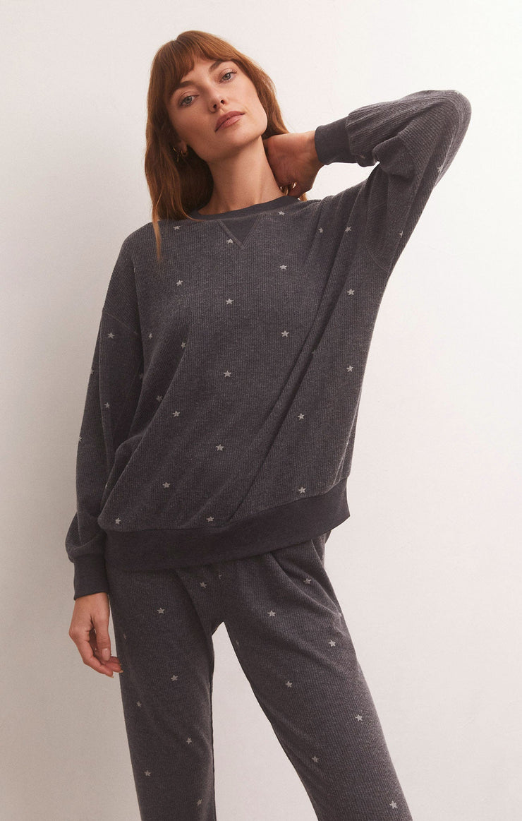 Tops Cozy Days Star Thermal Sweatshirt Heather Black