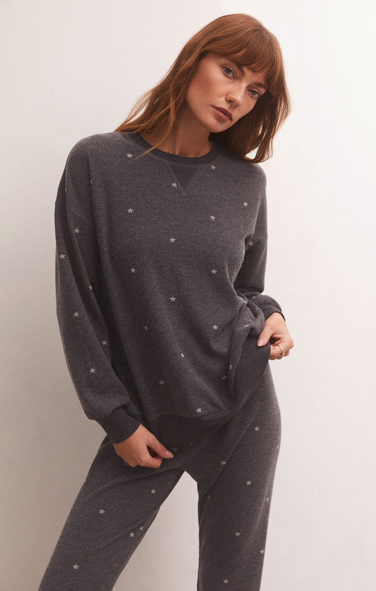 Tops Cozy Days Star Thermal Sweatshirt Heather Black