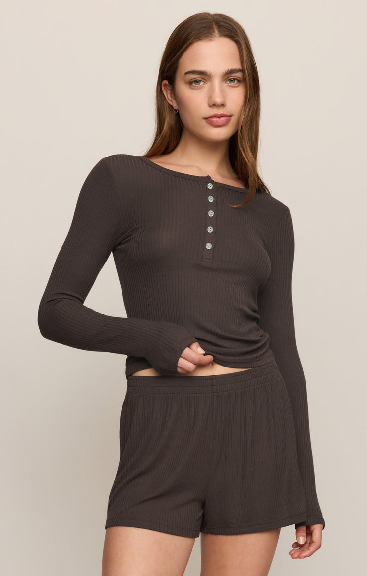 Tops Just Right Rib Henley Top Cocoa Bean