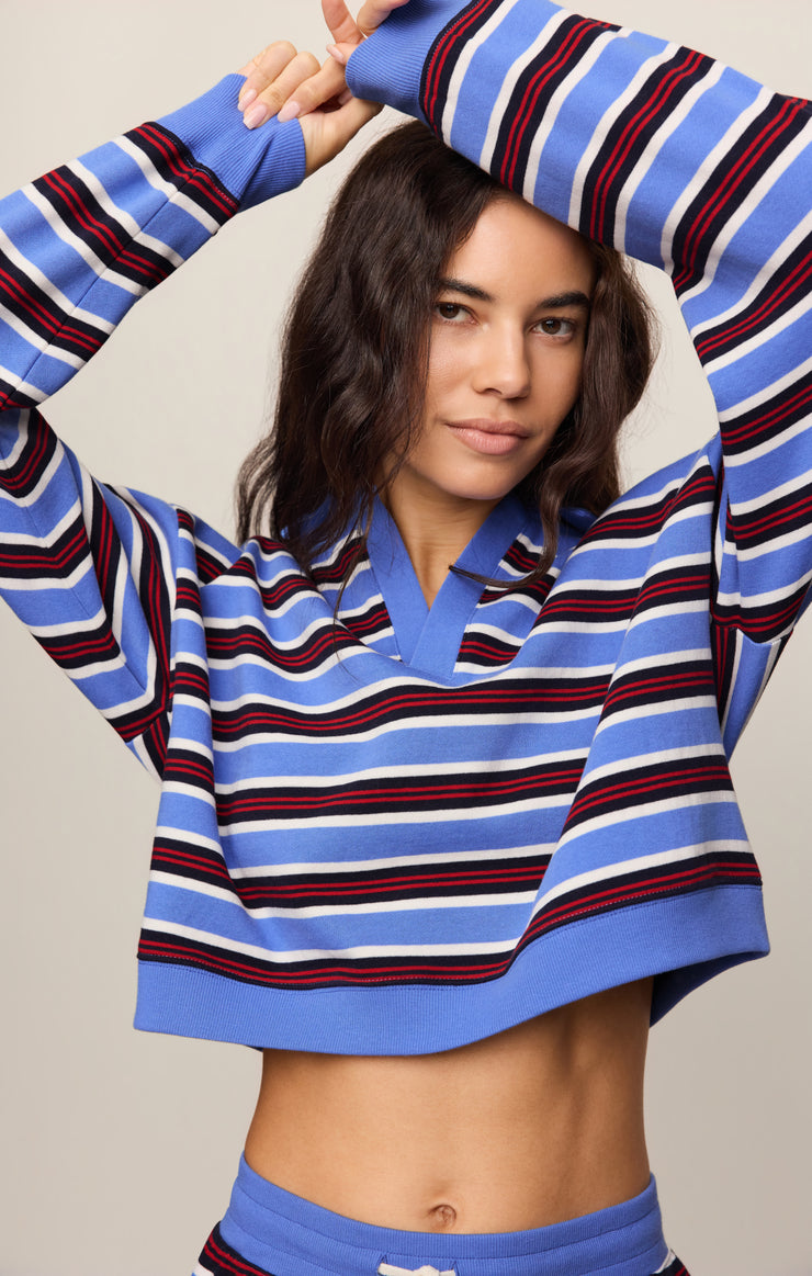 Tops Low Key Stripe Fleece Henley Bay Blue