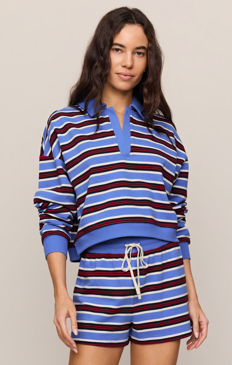 Tops Low Key Stripe Fleece Henley Bay Blue