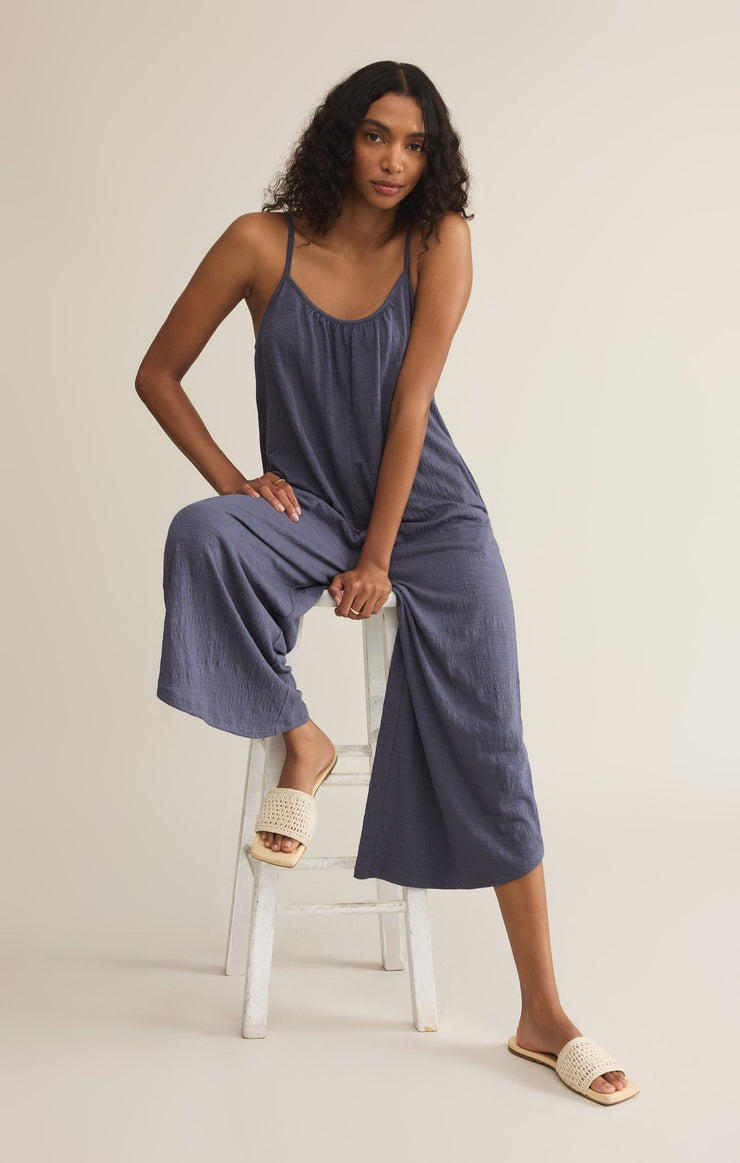 Pants Textured Flared Jumpsuit Worn Blue