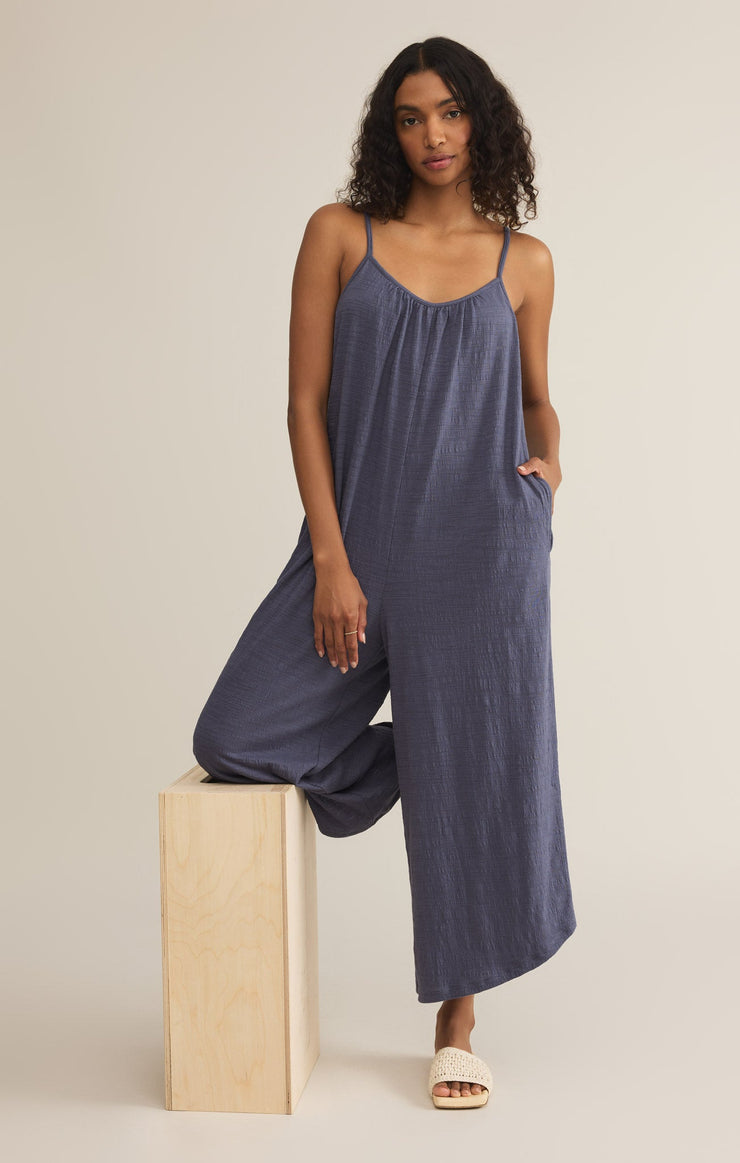 Pants Textured Flared Jumpsuit Worn Blue