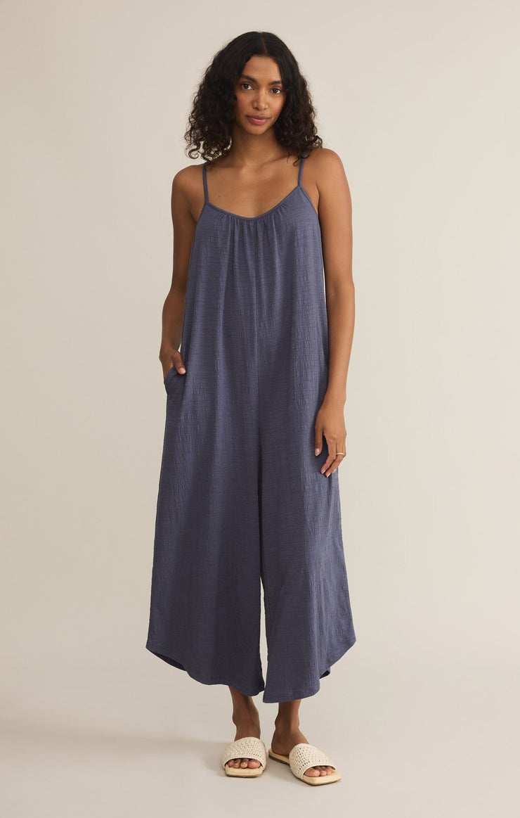 Pants Textured Flared Jumpsuit Worn Blue