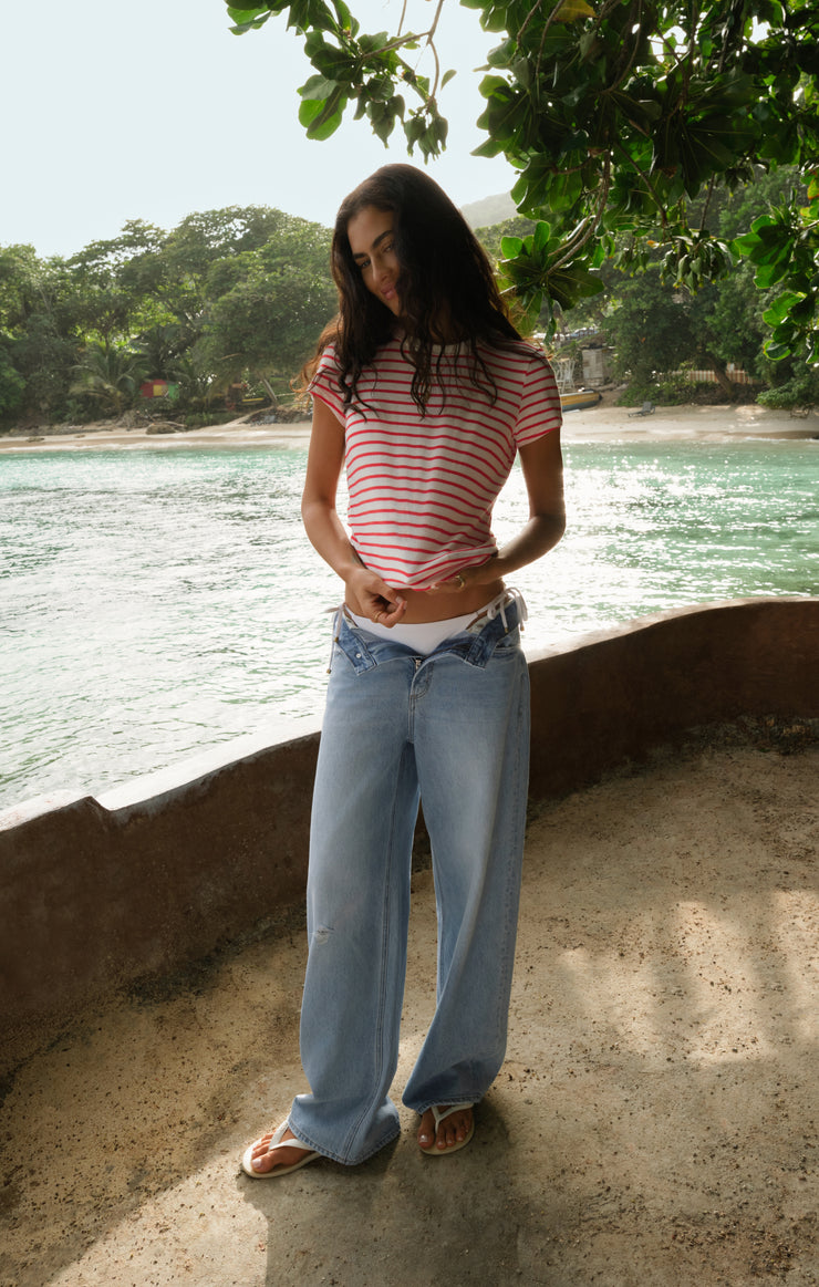 Remi High Rise Denim Bowed Pant
