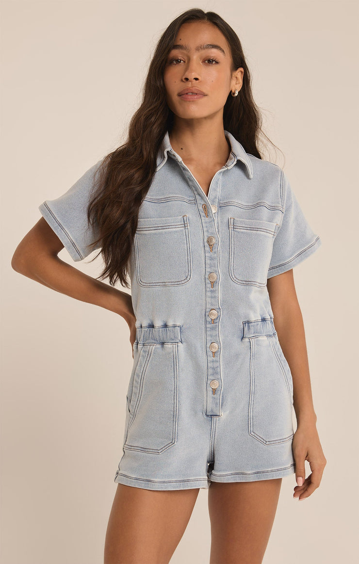 Shorts Elias Knit Denim Romper Sun Bleached Indigo