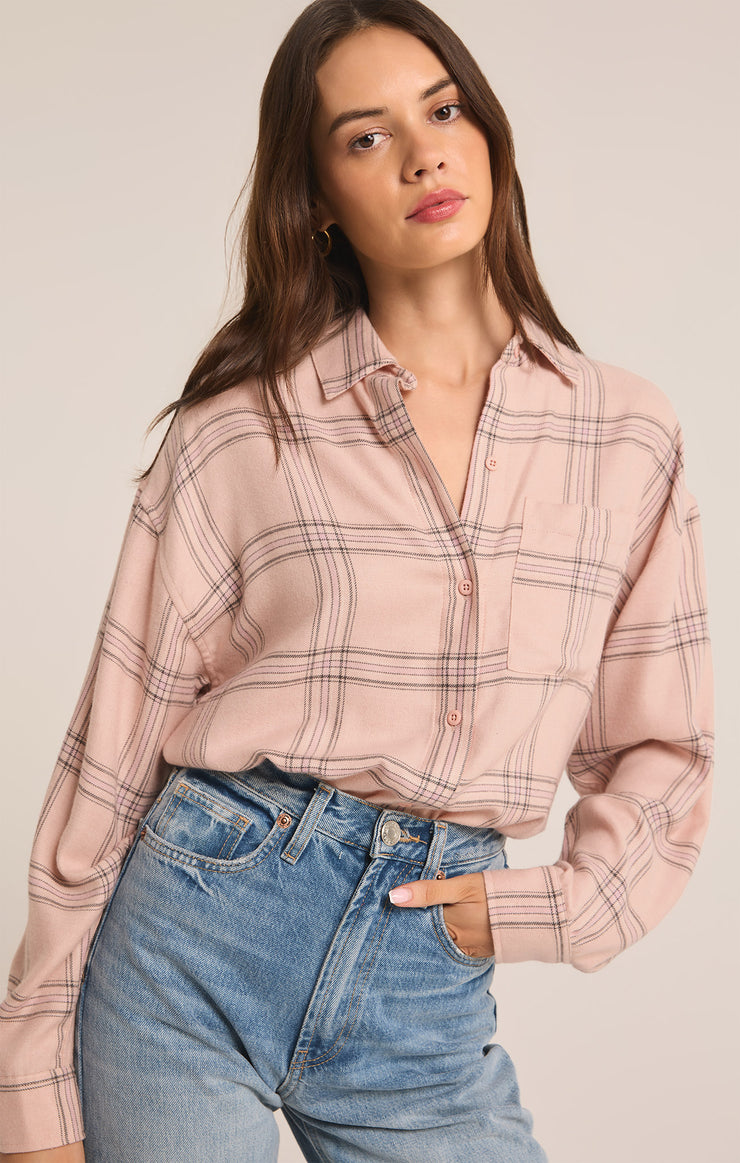 Tops River Plaid Button Up Lilac Gray