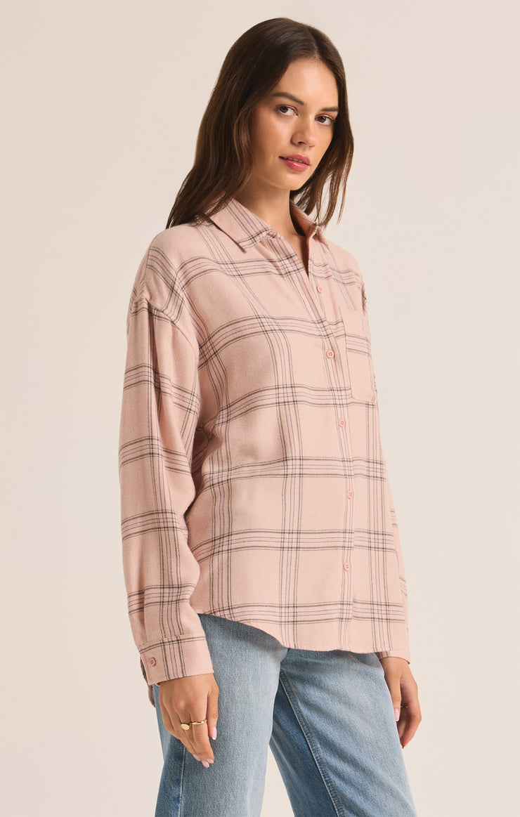 Tops River Plaid Button Up Lilac Gray