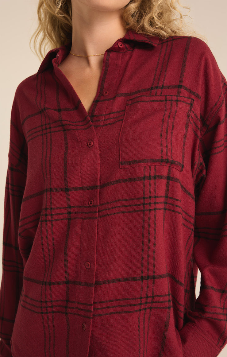 Tops River Plaid Button Up Red Dahlia