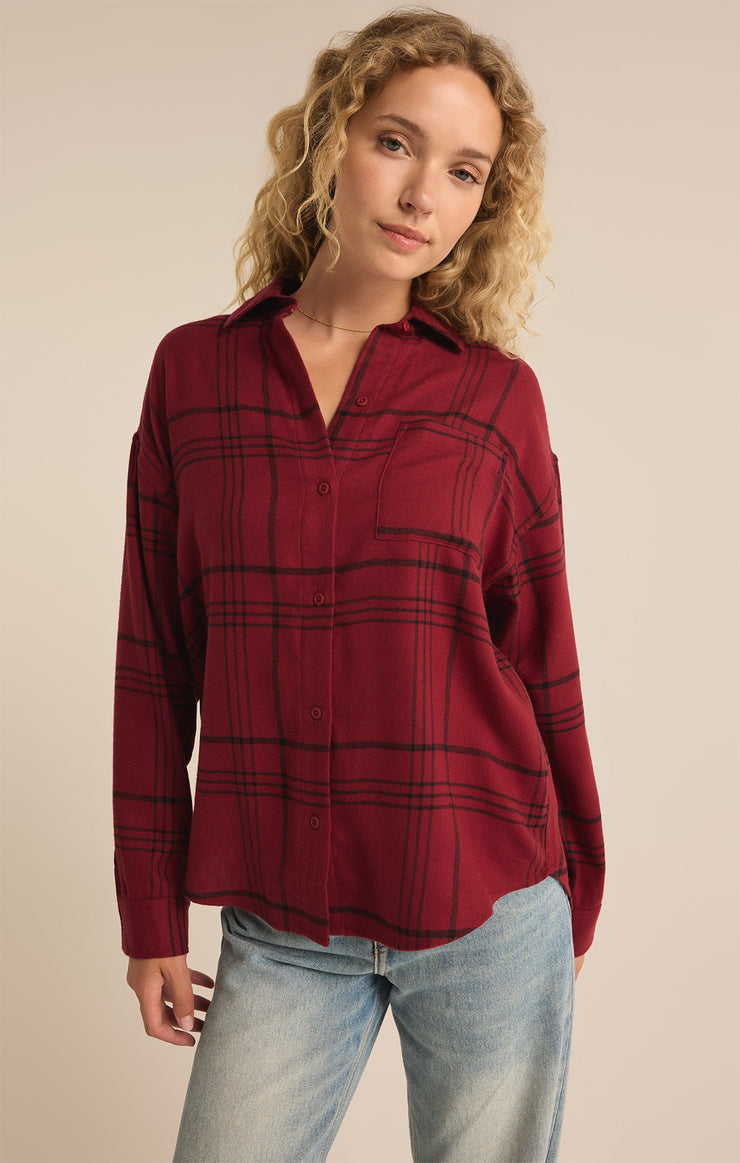 Tops River Plaid Button Up Red Dahlia