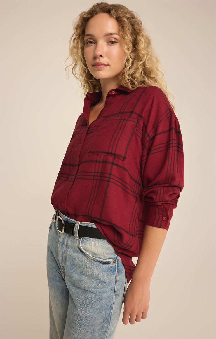 Tops River Plaid Button Up Red Dahlia