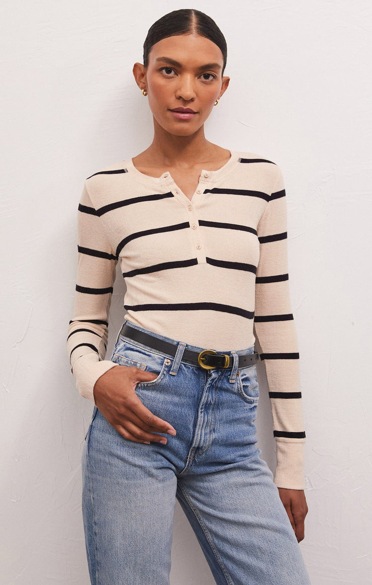 Tops Scarlett Rib Stripe Henley Stone