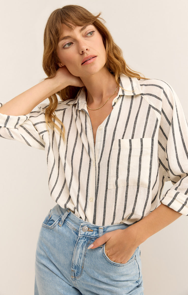 Tops Perfect Linen Stripe Top Black