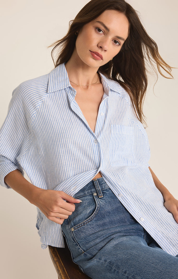 Tops Perfect Linen Stripe Top Bay Blue