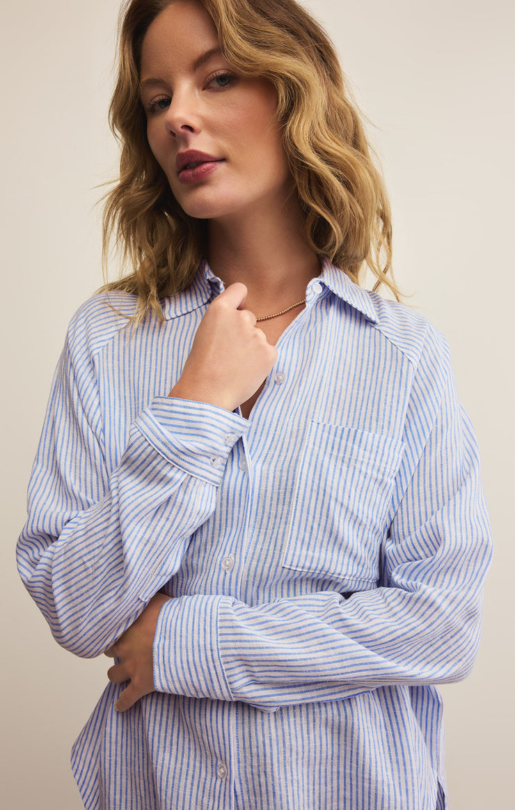 Tops Perfect Linen Stripe Top Bay Blue