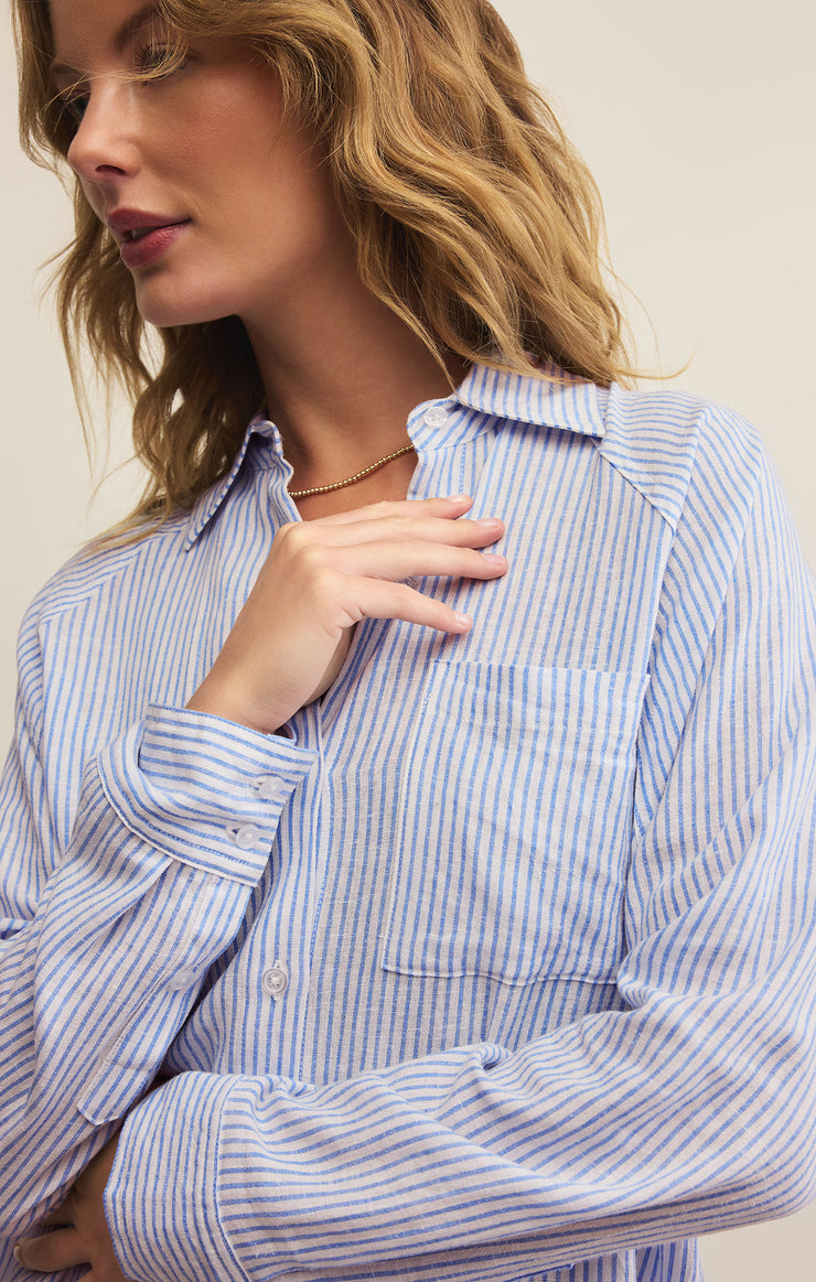 Tops Perfect Linen Stripe Top Bay Blue