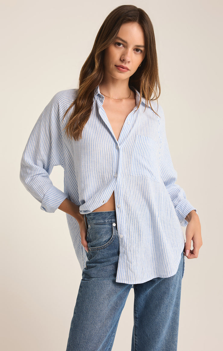 Tops Perfect Linen Stripe Top Bay Blue