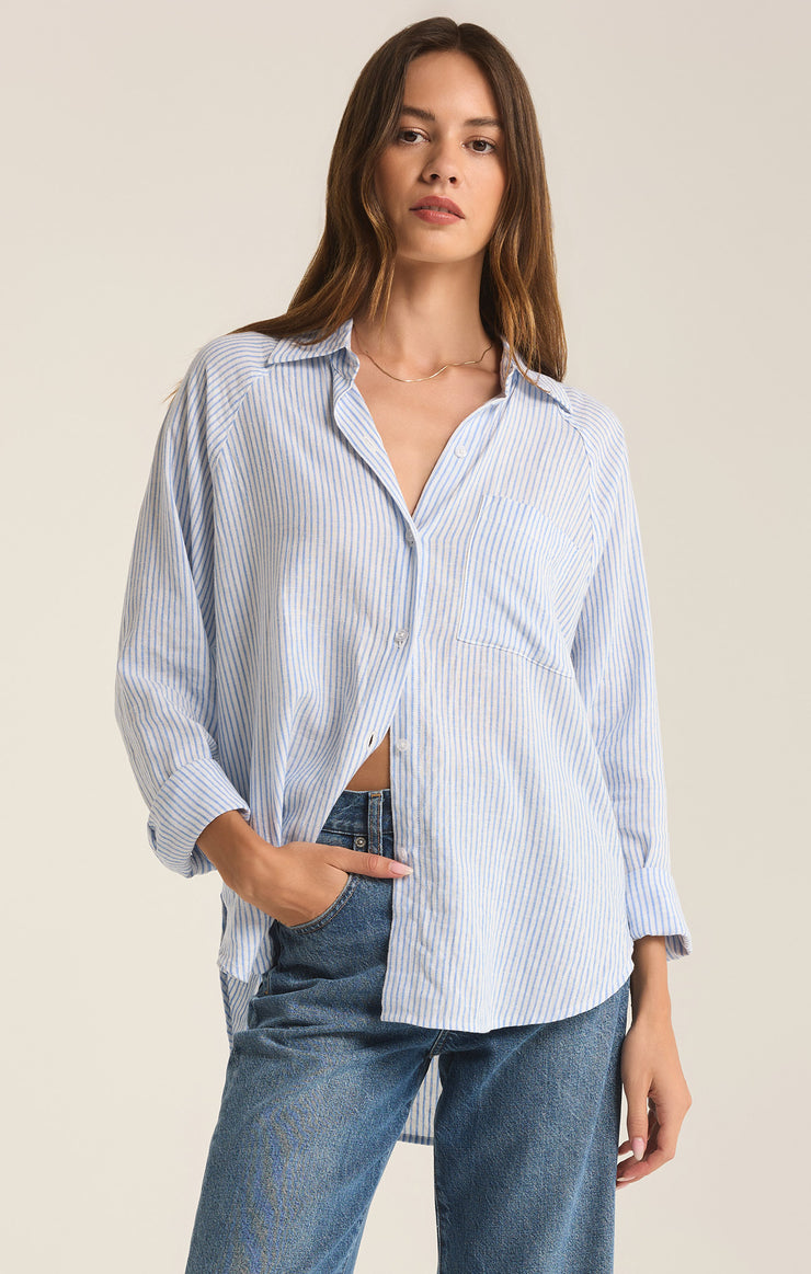 Tops Perfect Linen Stripe Top Bay Blue