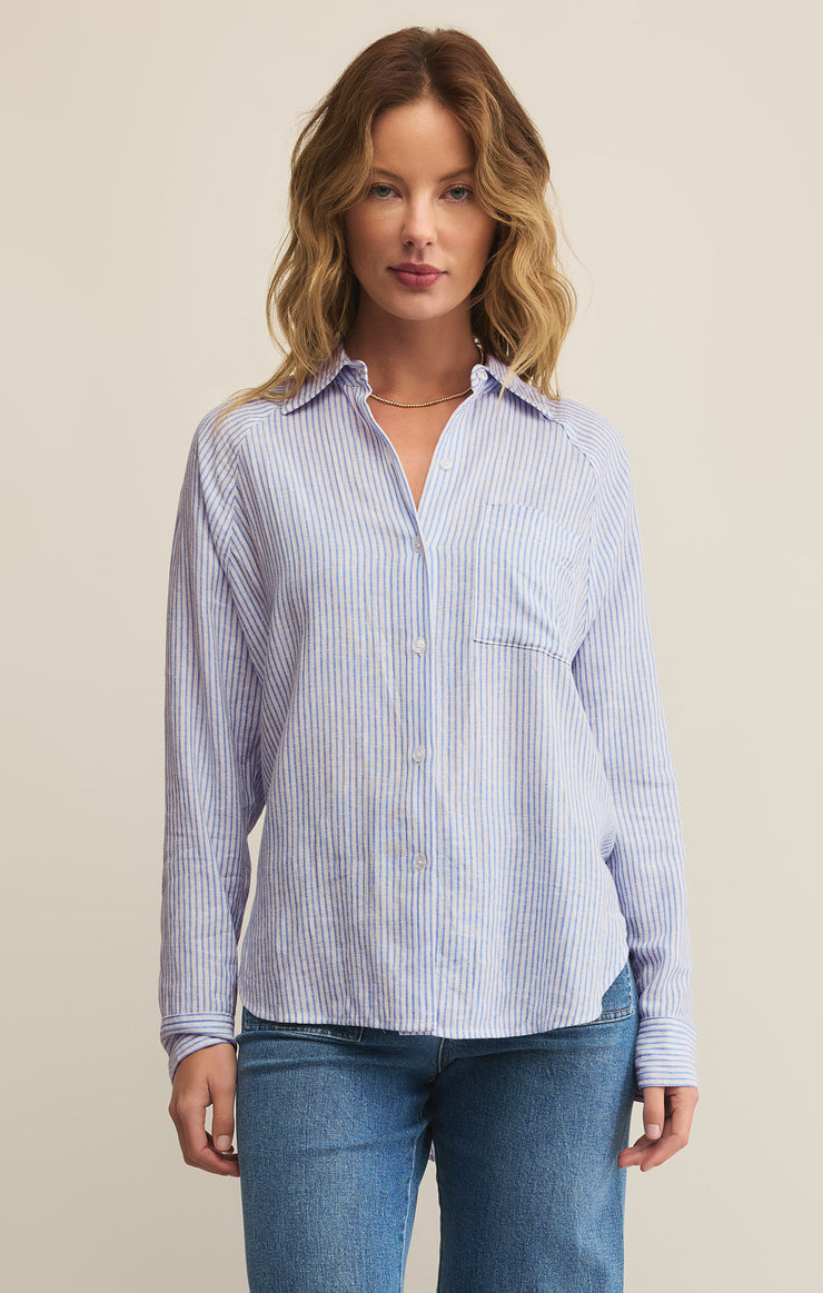 Tops Perfect Linen Stripe Top Bay Blue