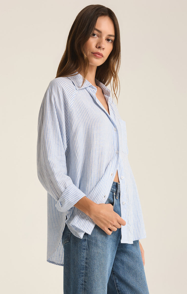 Tops Perfect Linen Stripe Top Bay Blue