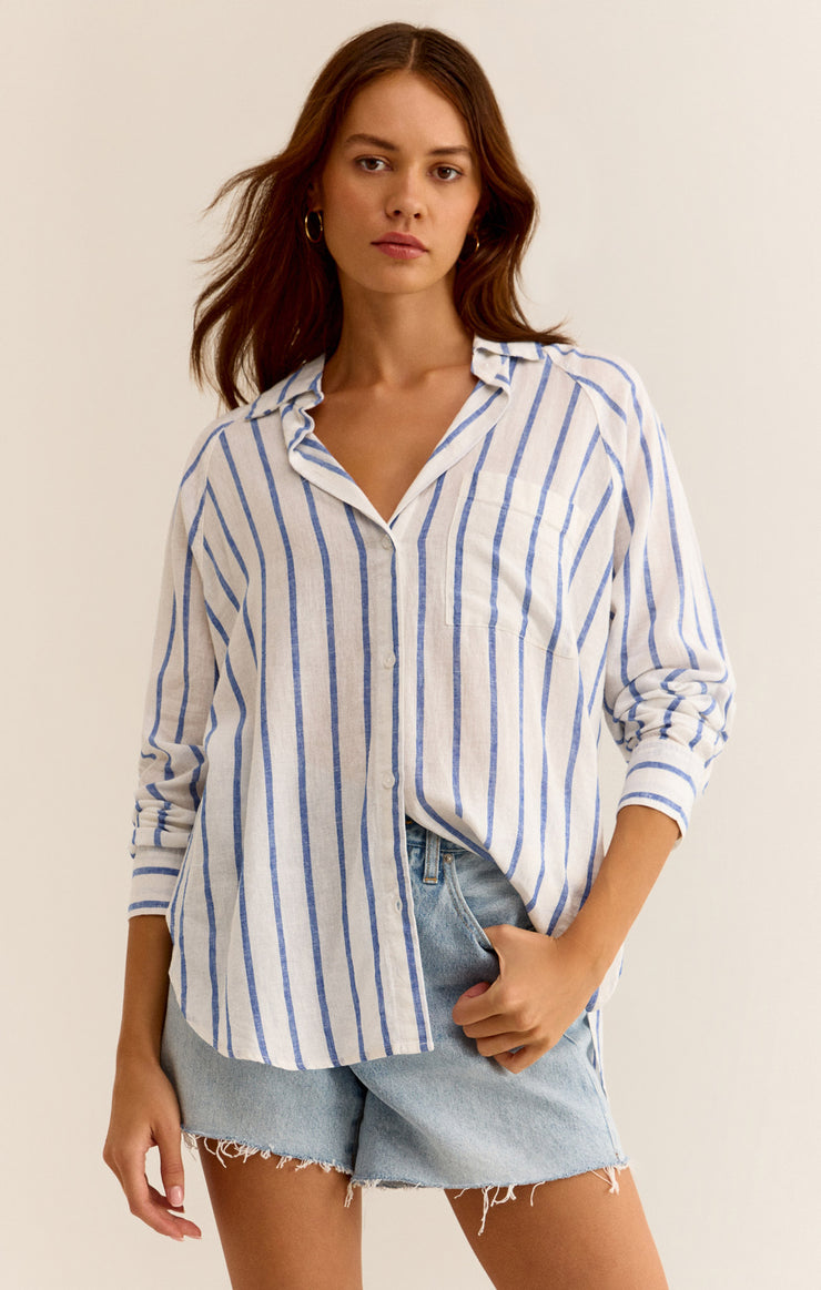 Tops Perfect Linen Stripe Top Palace Blue