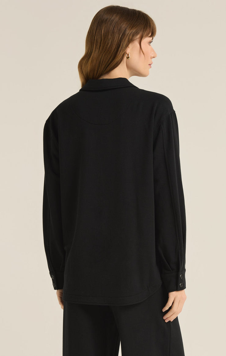 Tops Layover Modal Fleece Button Up Black