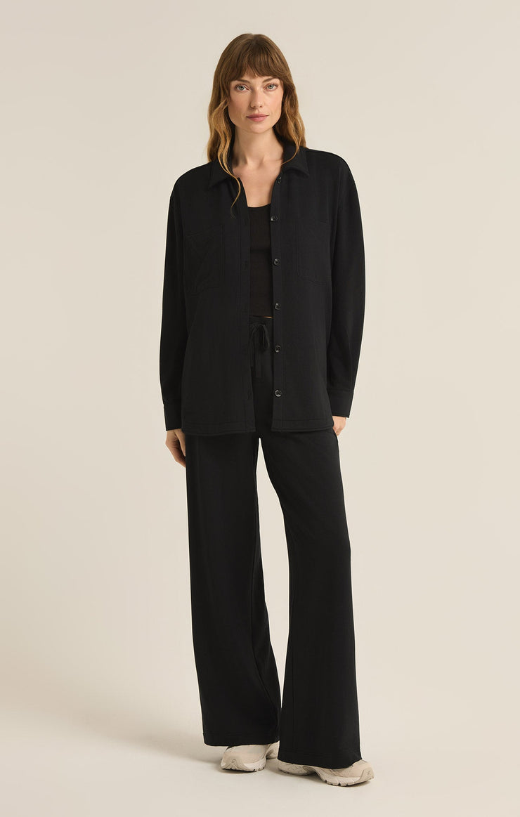 Tops Layover Modal Fleece Button Up Black