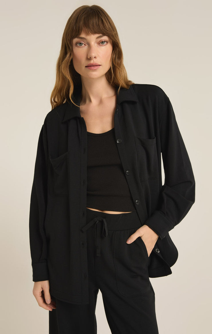 Tops Layover Modal Fleece Button Up Black