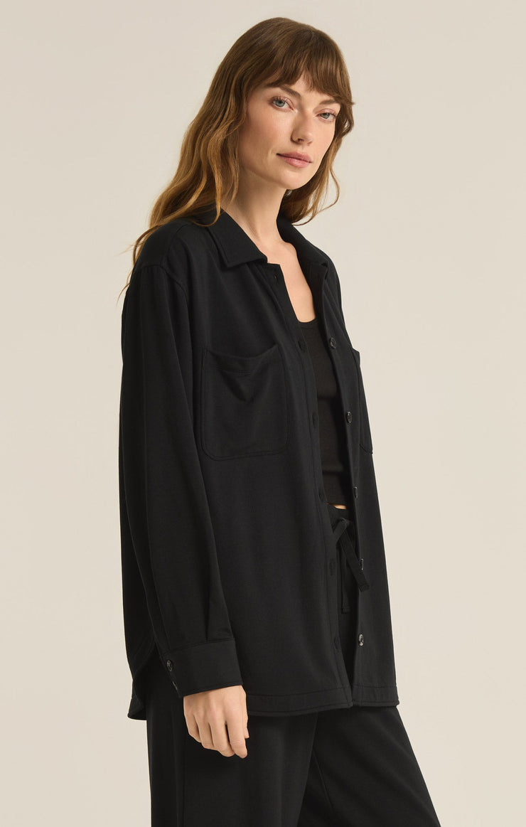 Tops Layover Modal Fleece Button Up Black