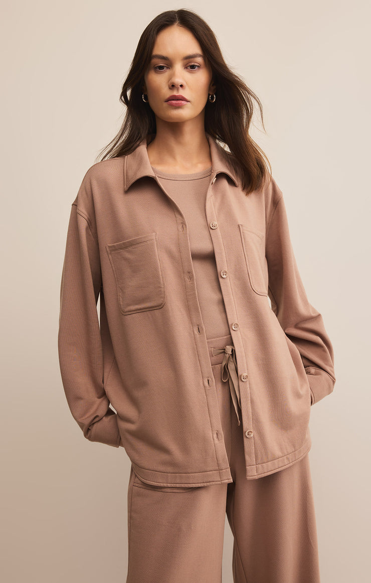 Tops Layover Modal Fleece Button Up Desert Taupe