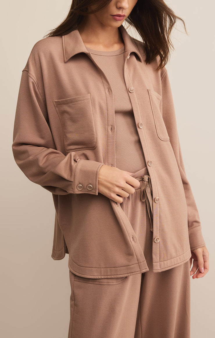 Tops Layover Modal Fleece Button Up Desert Taupe