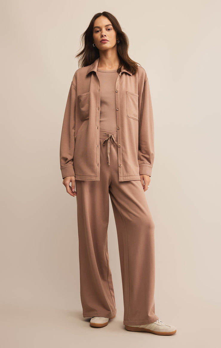 Tops Layover Modal Fleece Button Up Desert Taupe