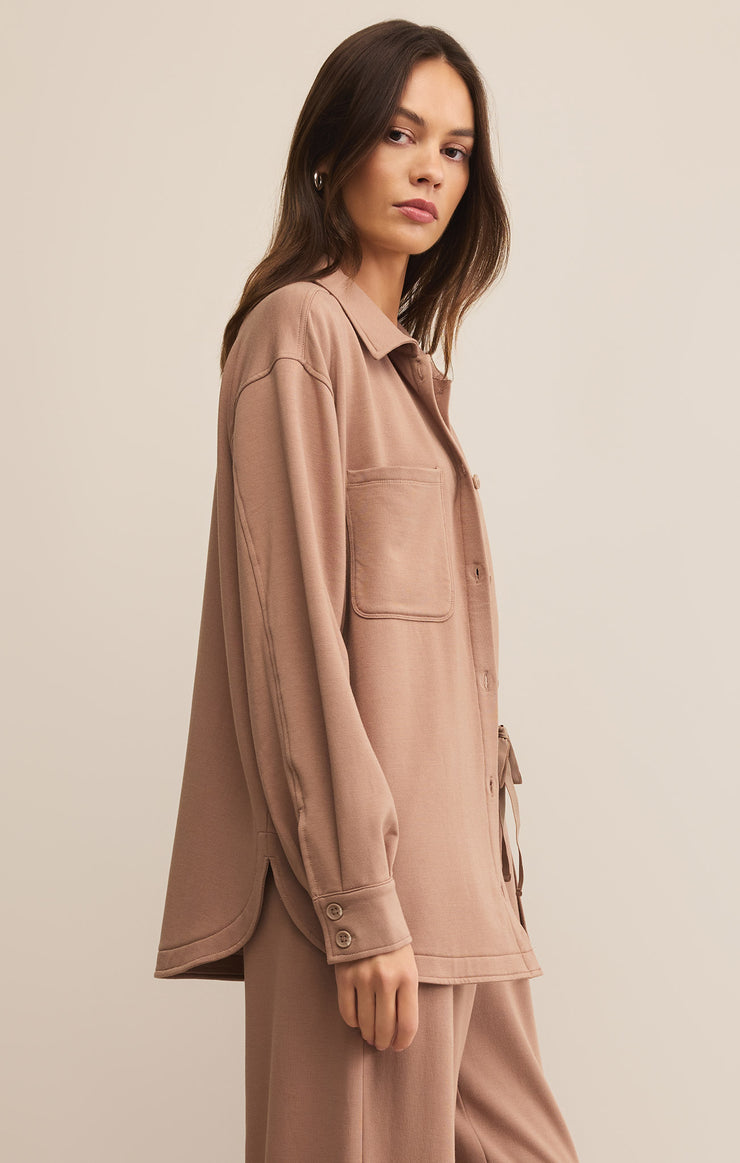 Tops Layover Modal Fleece Button Up Desert Taupe