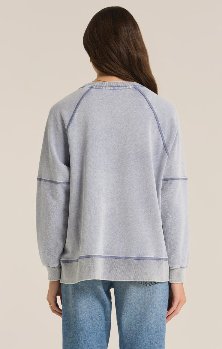 Tops Easy V-Neck Knit Denim Sweatshirt Washed Indigo