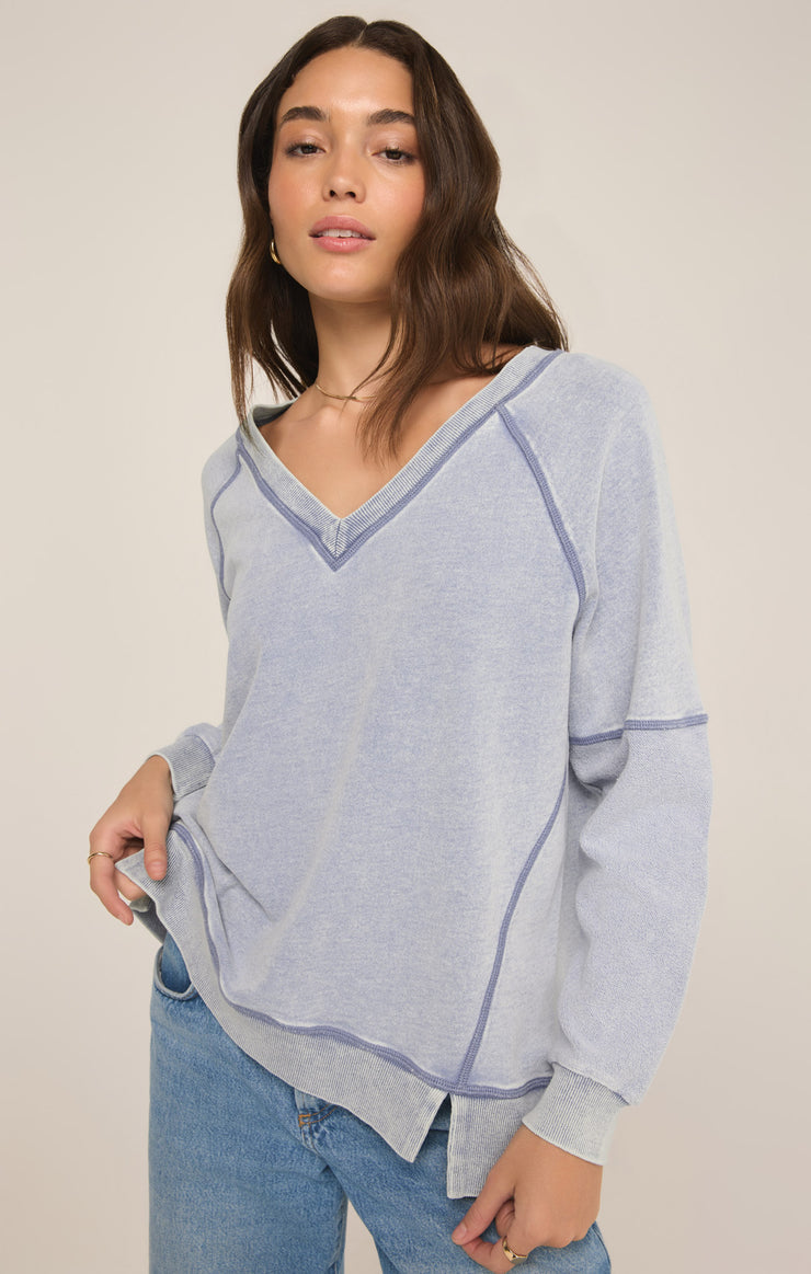 Tops Easy V-Neck Knit Denim Sweatshirt Easy V-Neck Knit Denim Sweatshirt