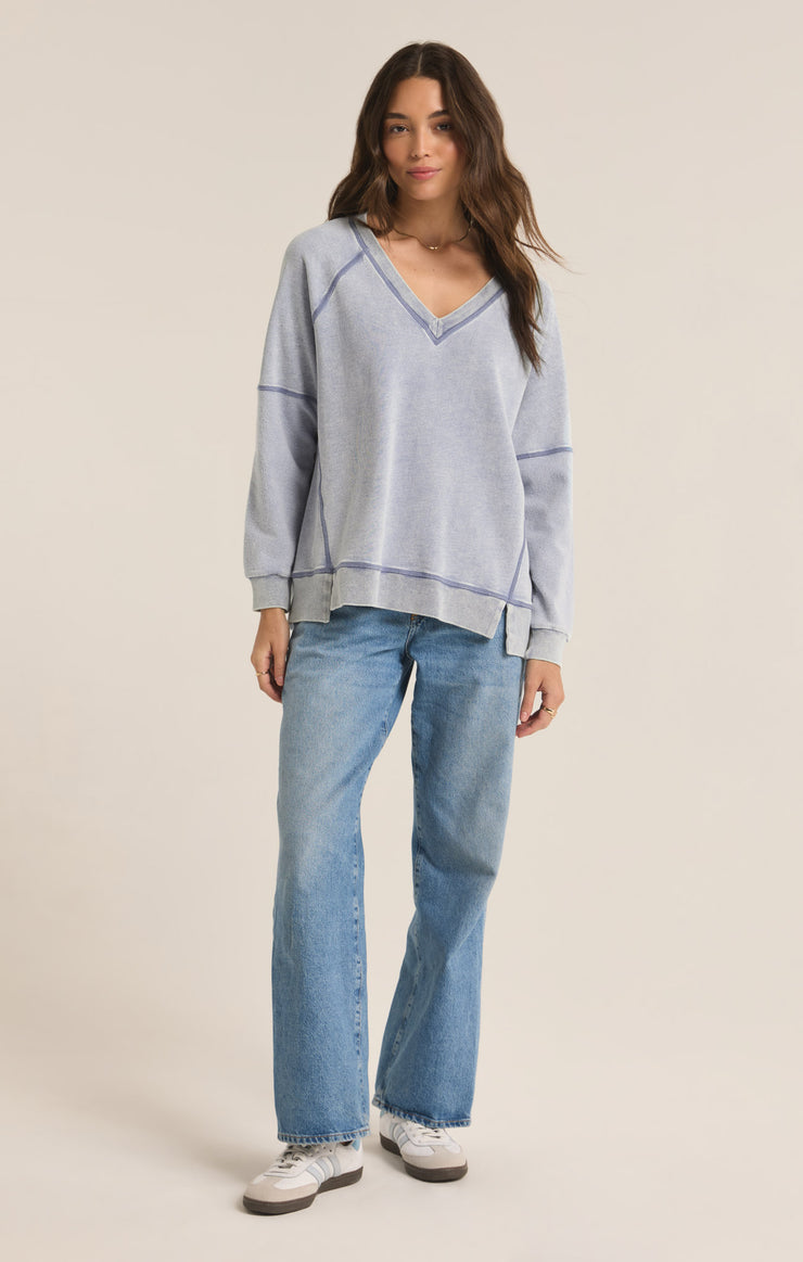 Tops Easy V-Neck Knit Denim Sweatshirt Washed Indigo