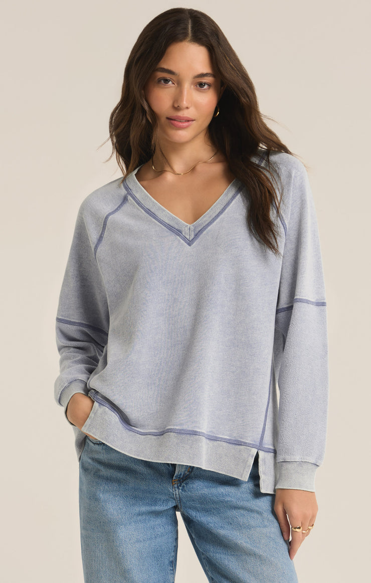 Tops Easy V-Neck Knit Denim Sweatshirt Washed Indigo