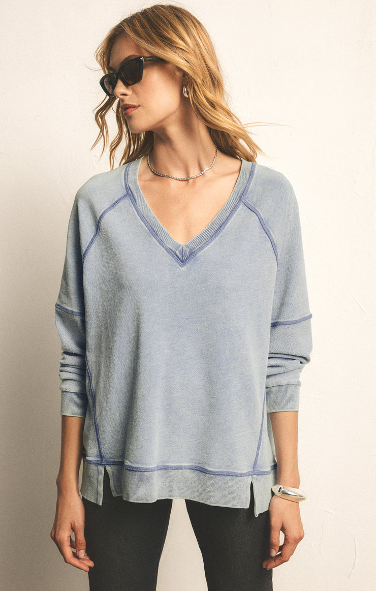 Tops Easy V-Neck Knit Denim Sweatshirt Washed Indigo