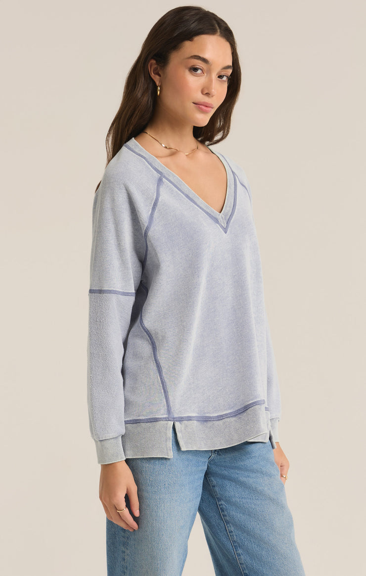 Tops Easy V-Neck Knit Denim Sweatshirt Washed Indigo