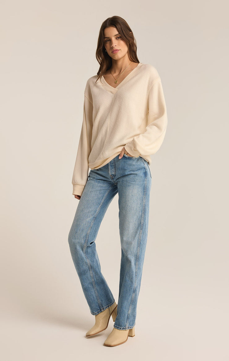 Tops Off the Clock Cozy V-Neck Sweatshirt Sea Salt